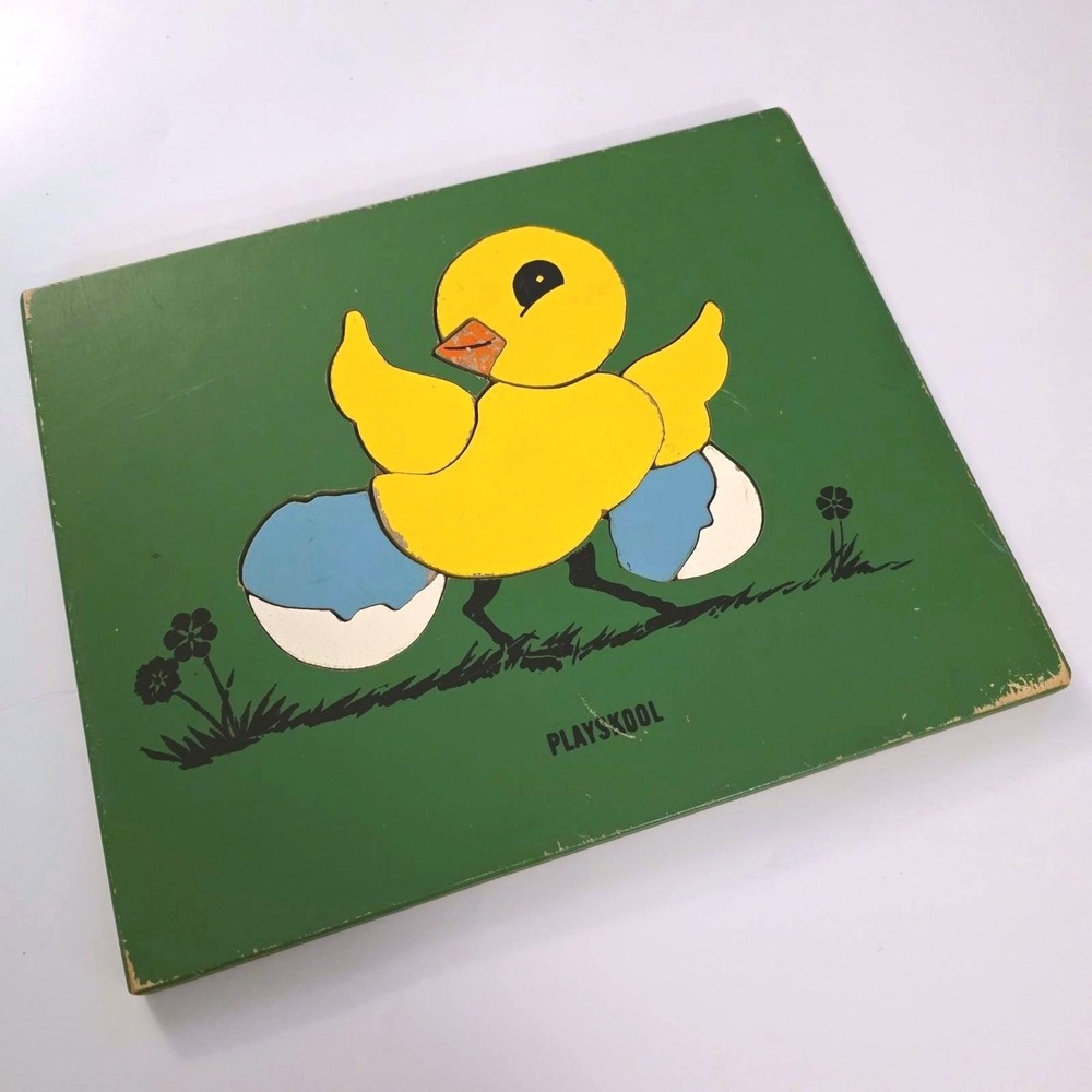 Playskool Vintage Wooden Tray Puzzle Chick Hatching Green Yellow Blue Toy